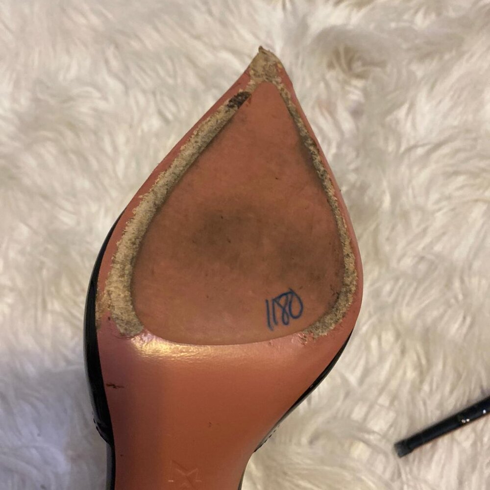 Amina Muaddi Ursina Black Patent Leather Crystal Heeled Shoes DAMAGED - Picture 6 of 10